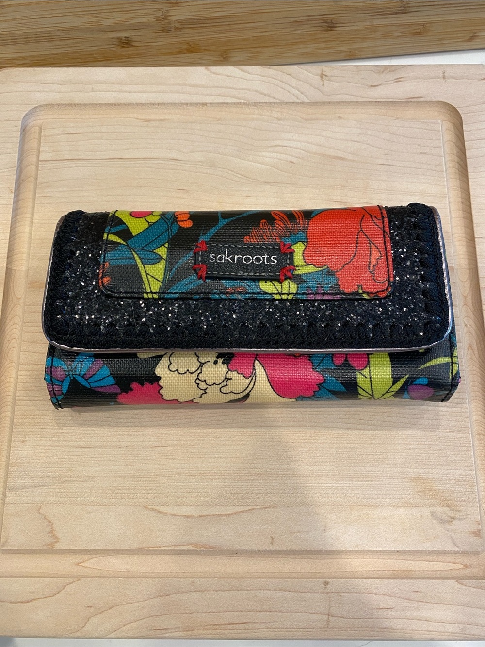 Sakroots Black Floral Fabric Clutch Wallet with Multicolor Blooms